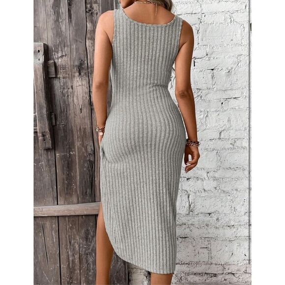 NEW Tank Ribbed Knit Twist Front Wrap Asymmetrical Hem Midi Dress S - Picture 2 of 7